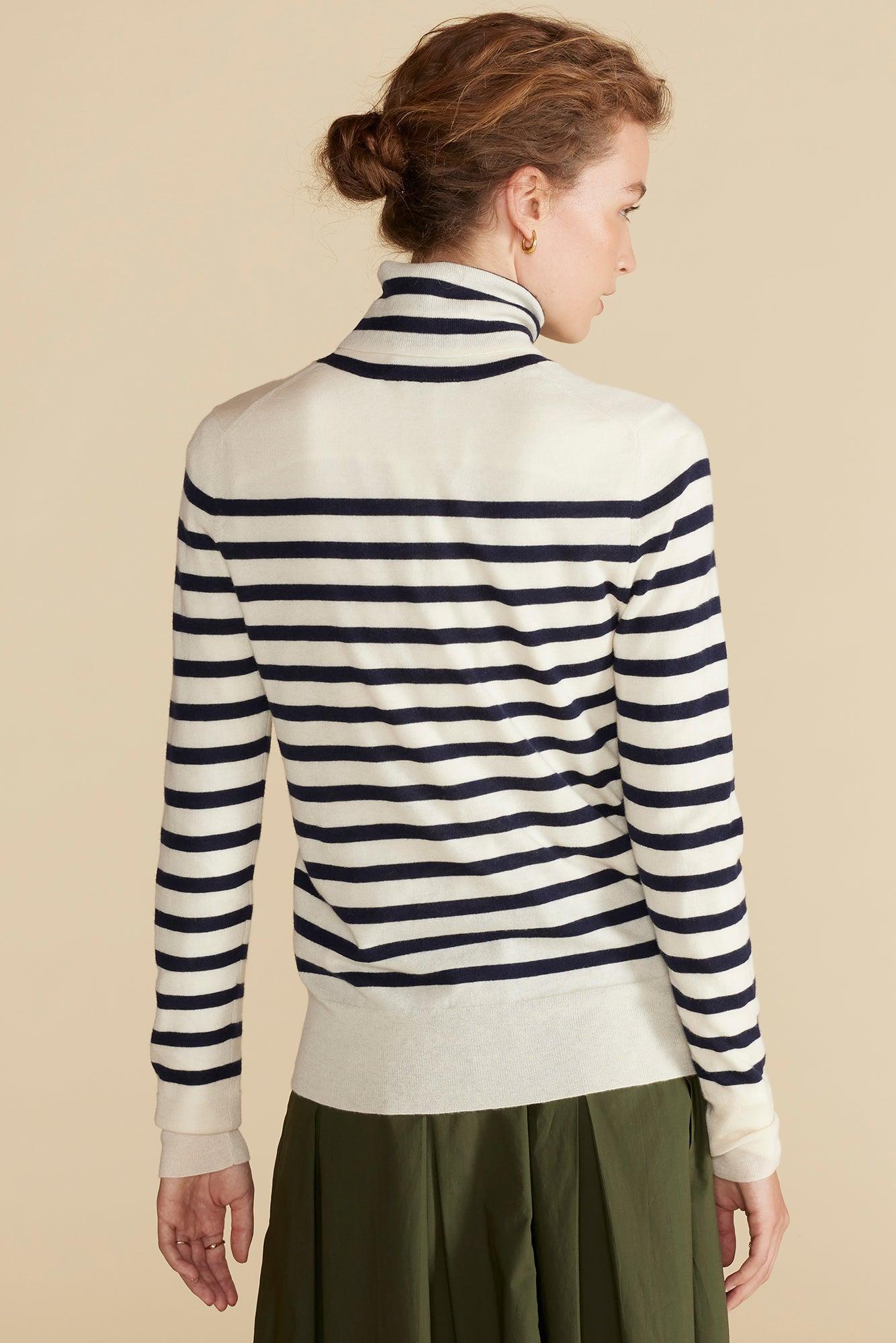 Carrie Turtleneck Cashmere Sweater - Ivory and Navy Blue Stripe Product Image