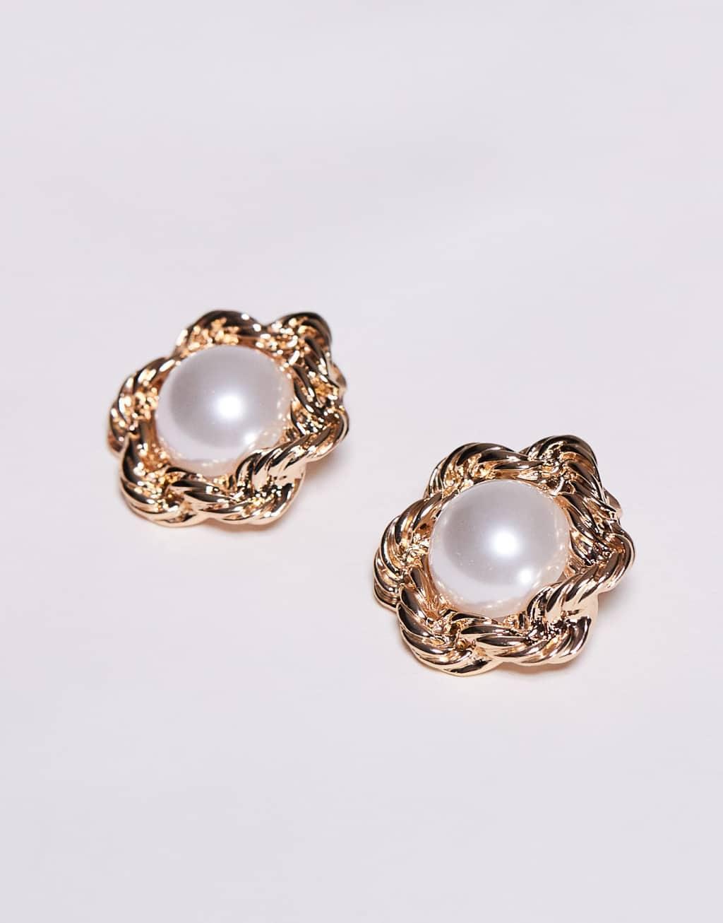 ASOS DESIGN oversized stud earrings with twist chain and faux pearl detail in gold tone Product Image