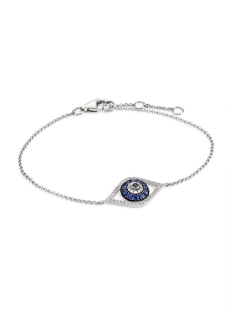 Womens 14K Yellow Gold, Blue Sapphire & 0.15 TCW Diamond Evil Eye Bracelet Product Image