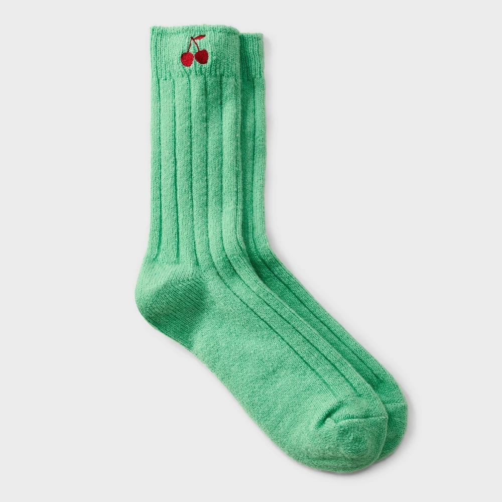 Womens Cozy Knit Ribbed Embroidered Cherry Crew Socks - A New Day 4-10 Product Image