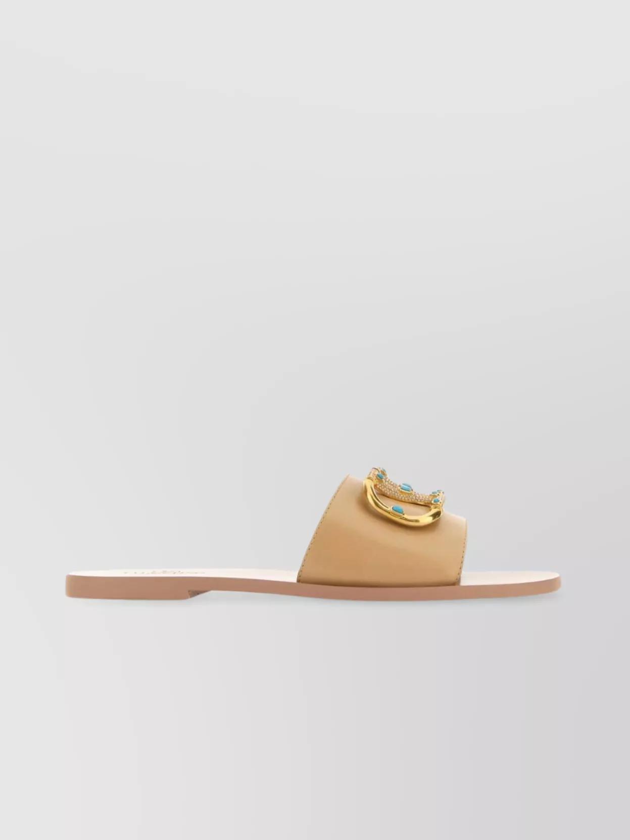 Embellished Vlogo Leather Slides With Open Toe In Beige product image