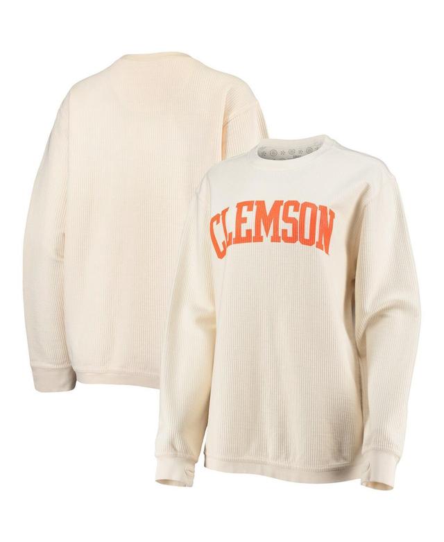 Womens Pressbox White Clemson Tigers Comfy Cord Vintage-Like Wash Basic Arch Pullover Sweatshirt Product Image