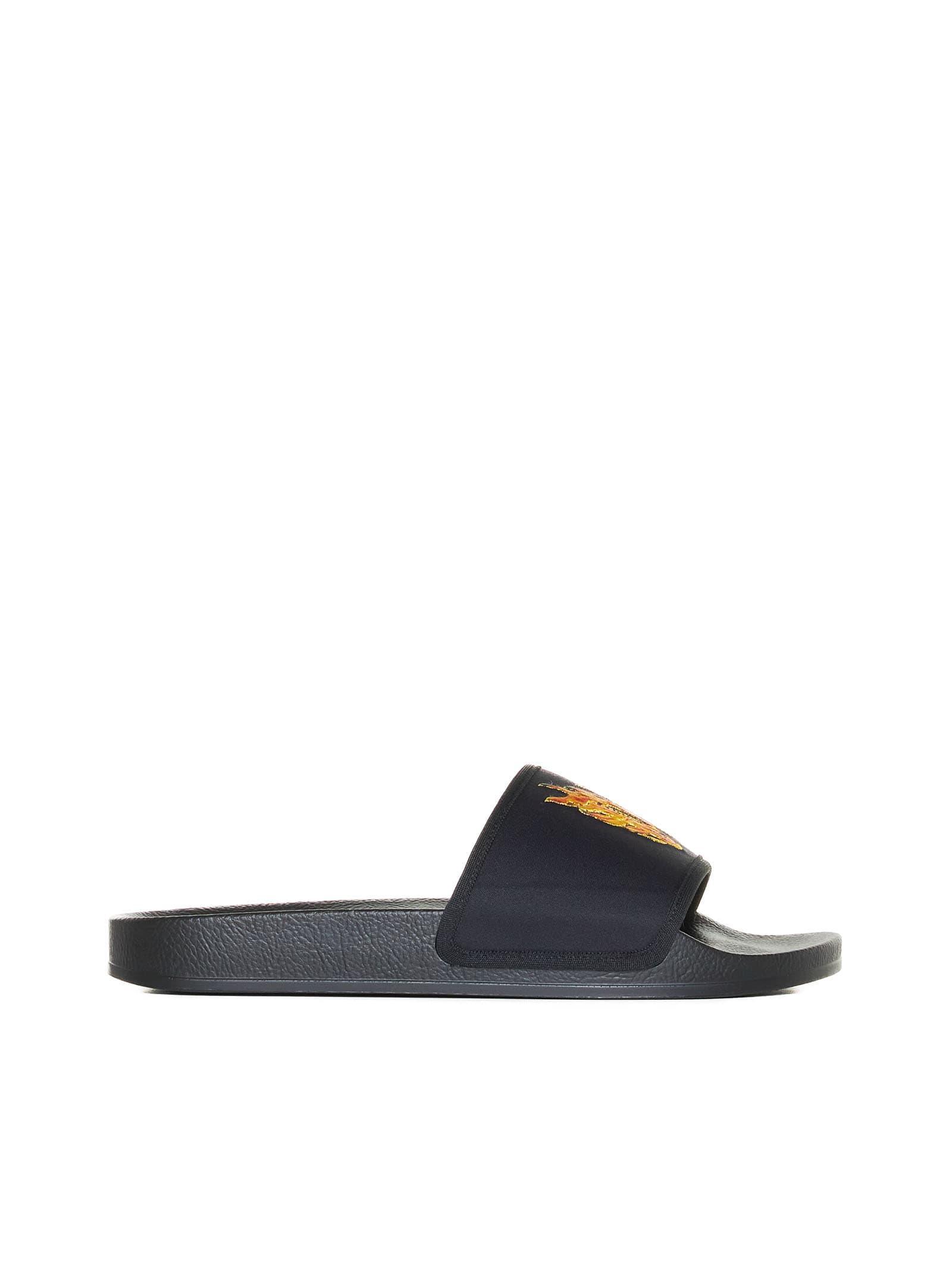 PALM ANGELS Flame Monogram-print Slides In Black,orange,gold Product Image