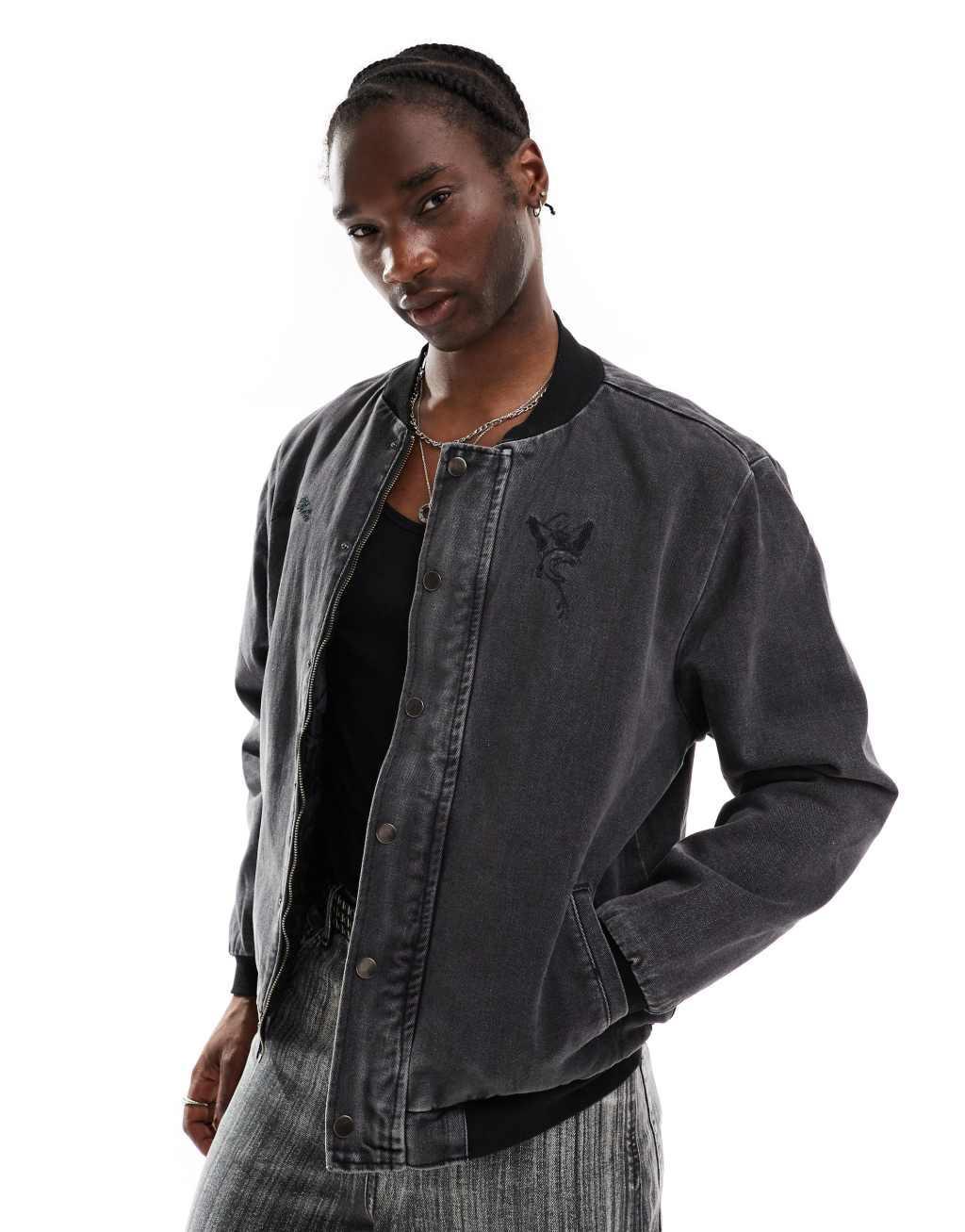 Liquor N Poker motif back bomber jacket in black Product Image