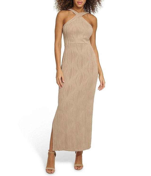 SIENA Textured Knit Halter Neck Sleeveless Side Slit Maxi Dress Product Image