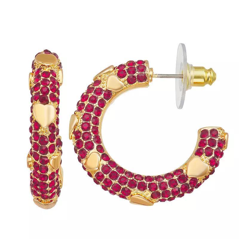 Nine West Gold Tone Red Crystal Heart Hoop Earrings, Womens Product Image