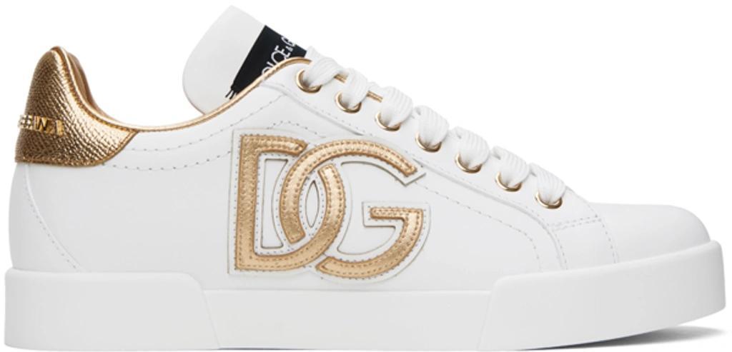 White & Gold Calfskin Portofino Dg Logo Sneakers In 89662 Bianco/oro Product Image