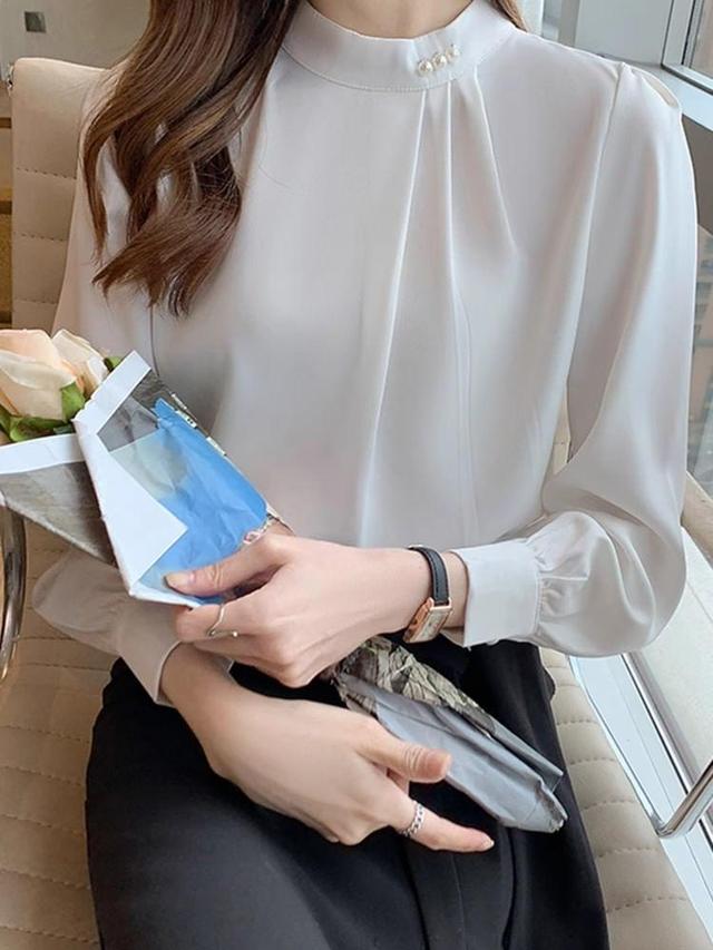 Long-Sleeve Stand Collar Plain Faux Pearl Accent Ruched Blouse Product Image