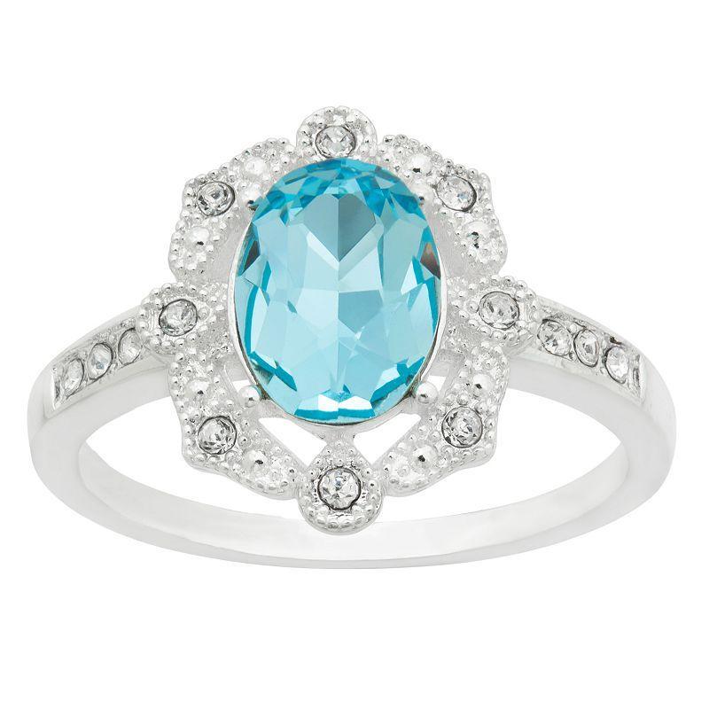 Brilliance Silver Tone Aqua Crystal Art Deco Oval Ring, Womens Silver Tone Blue Product Image