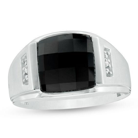 Men's Rectangle Faceted Onyx and Diamond Accent Multi-Finish Ring in 10K White Gold Product Image