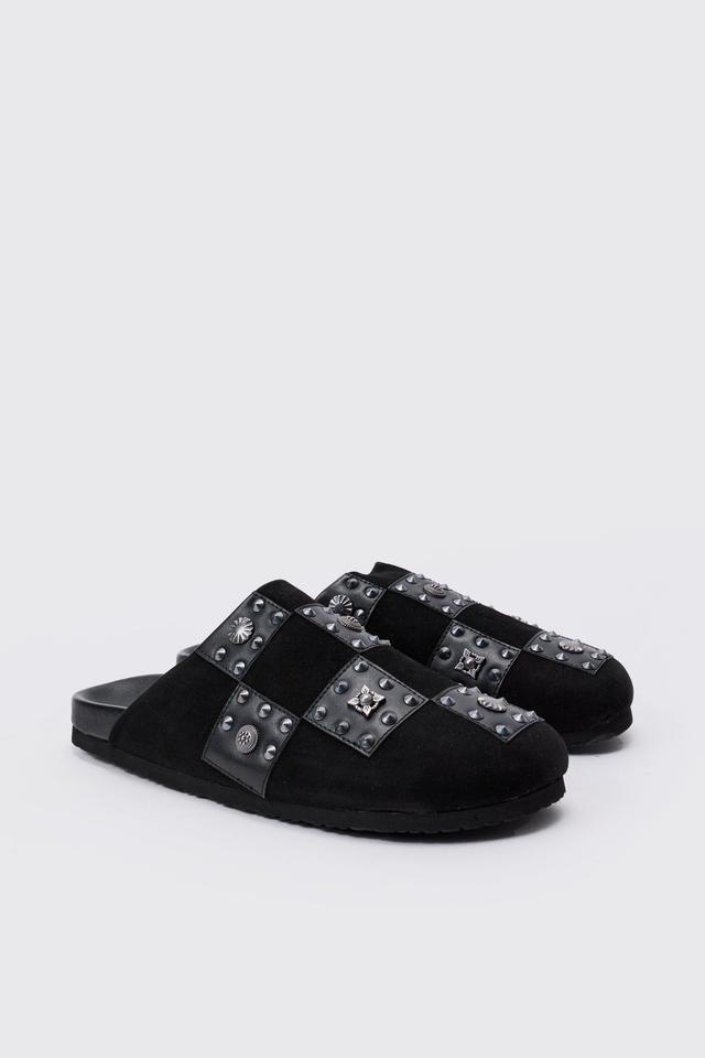 Mens Checkered Metal Detail Mule In Black, Black Product Image