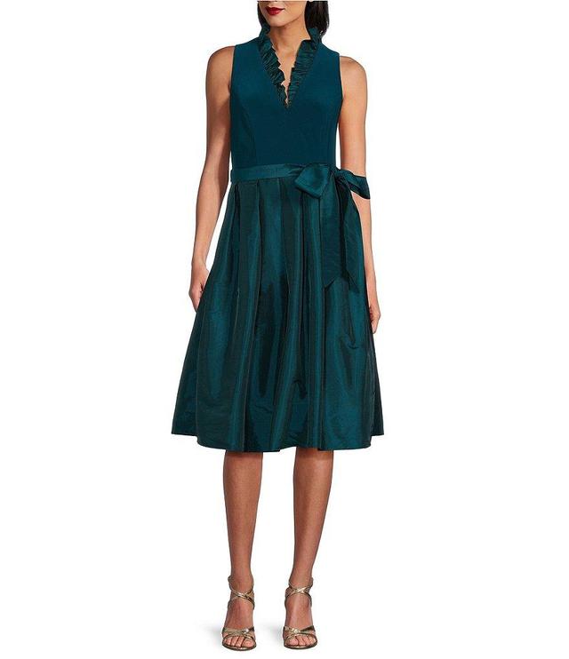 Jessica Howard Ruffle V-Neck Sleeveless Tie Waist Pleated Fit and Flare Dress Product Image