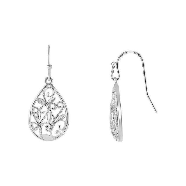 PRIMROSE Silver Tone Diamond Cut Filigree Teardrop Earrings, Womens Product Image