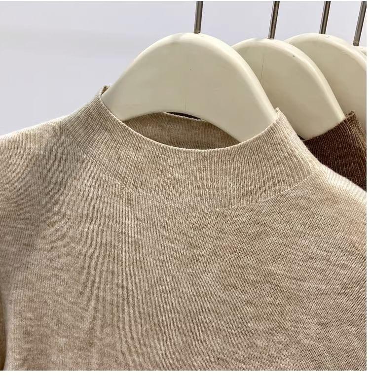 Long-Sleeve Mock Neck Plain Knit Top Product Image