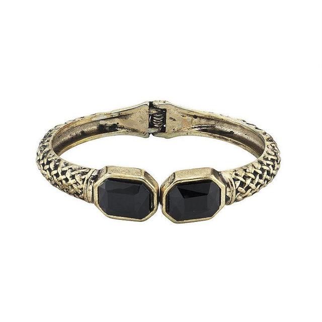 1928 Antiqued Gold-Tone Textured Cuff Bracelet with Faceted Black Stones, Womens Product Image