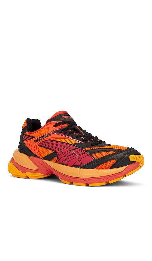 Puma Select X Pleasures Velophasis Layers Sneaker in Orange. Size 10, 10.5, 11, 11.5, 12, 8, 8.5, 9, 9.5. Product Image