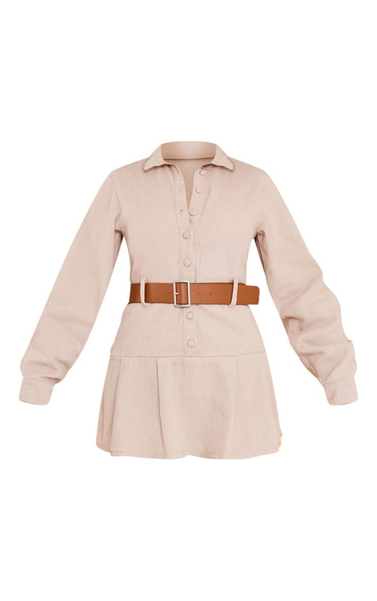 Tan Belted Pleated Denim Micro Mini Dress Product Image