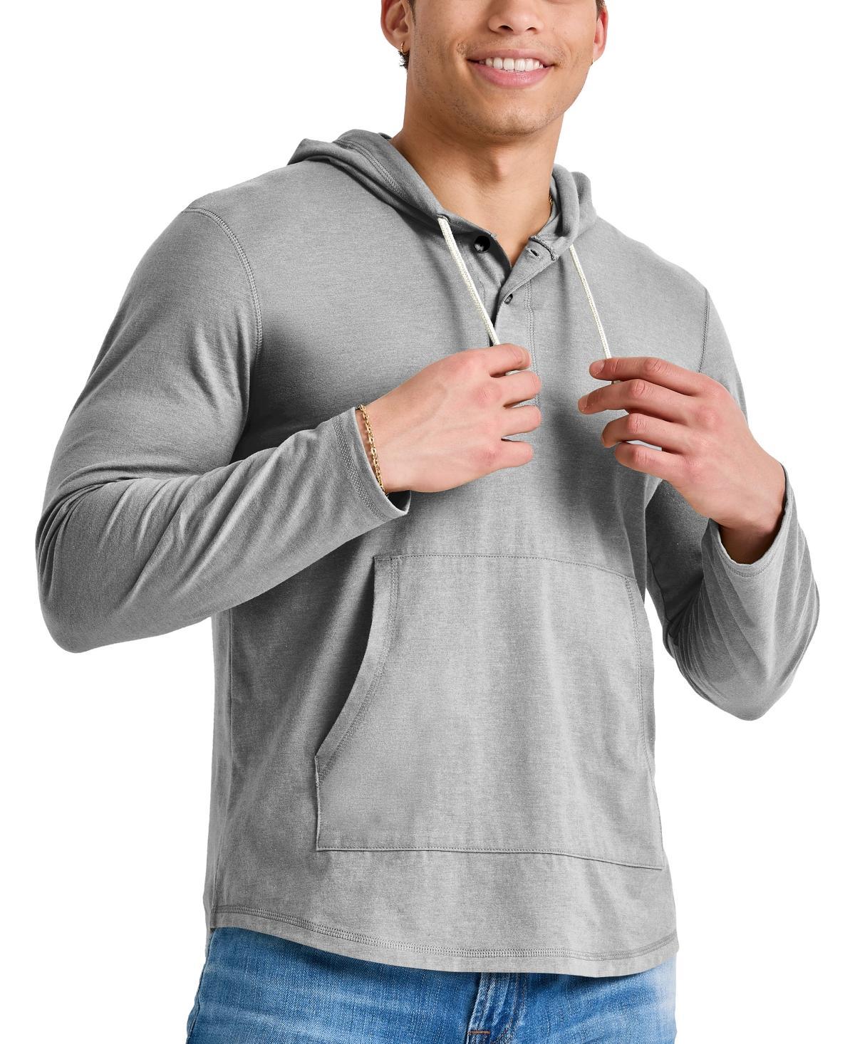 Mens Hanes Originals Cotton Henley Hoodie Blue Product Image