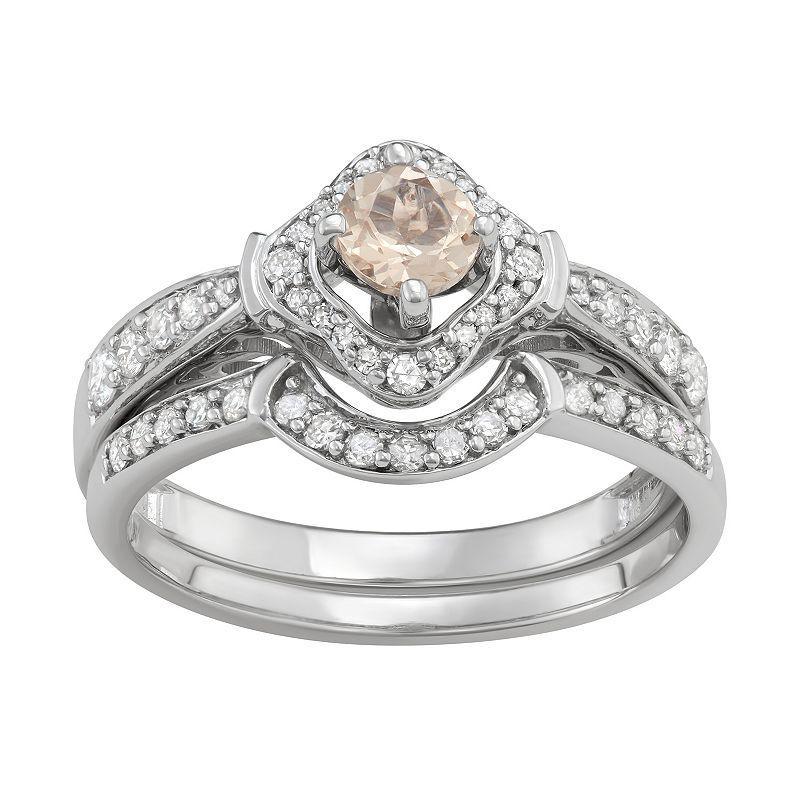 14k White Gold 1/2 Carat T.W. Diamond & Gemstone Halo Engagement Ring Set, Womens Morganite Product Image