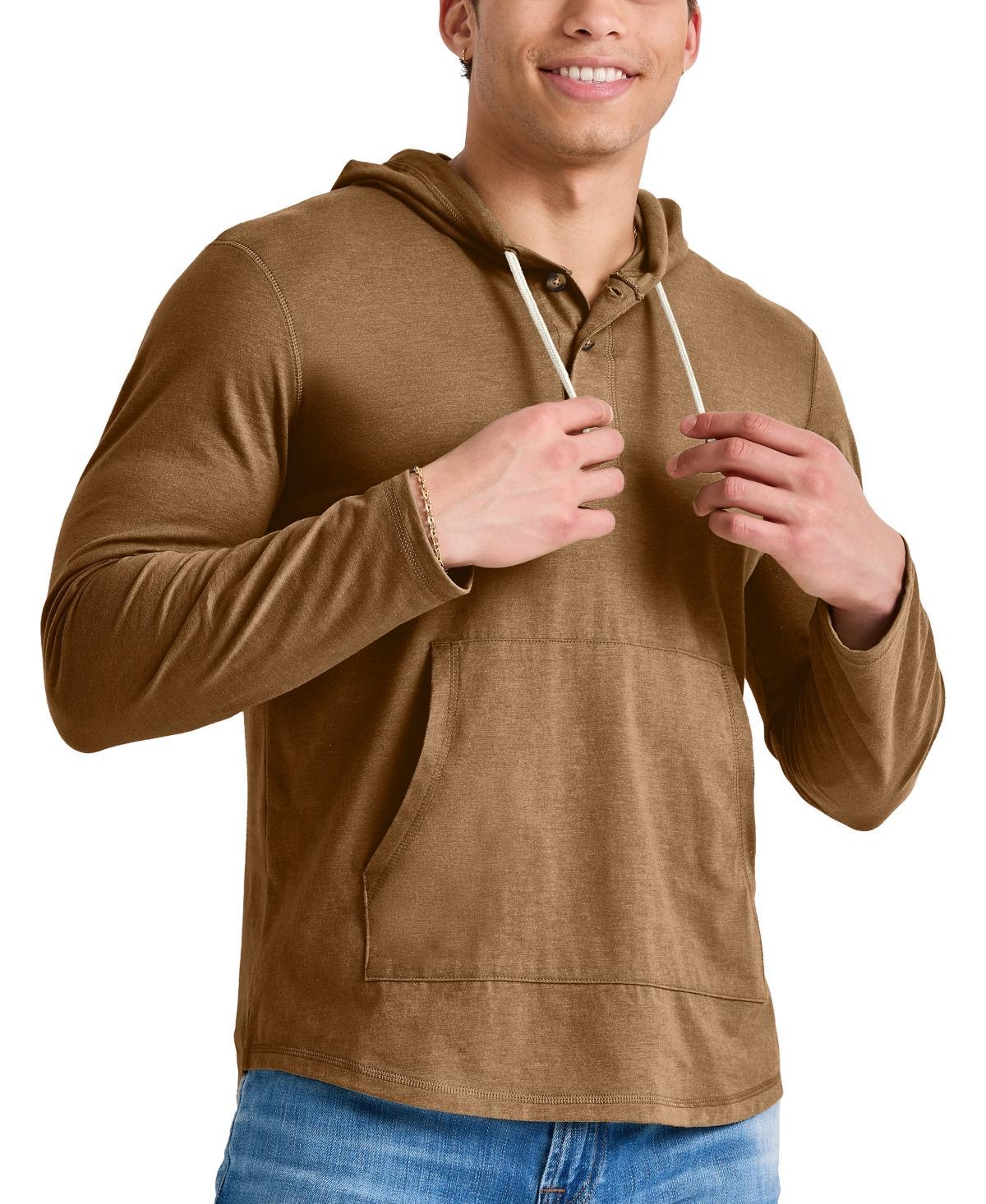 Mens Hanes Originals Cotton Henley Hoodie Blue Product Image