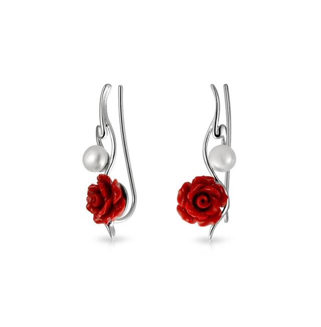 Bling Jewelry Trendy 3D Red Rose Flower White Freshwater Cultured Pearl Wire Ear Pin Climbers Crawlers Earrings For Women Sterling Silver Product Image