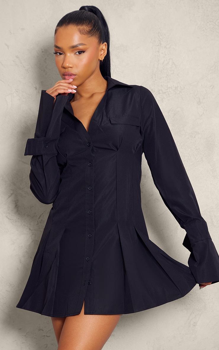 Black Cotton Poplin Pleated Flared Sleeve Shirt Dress Product Image