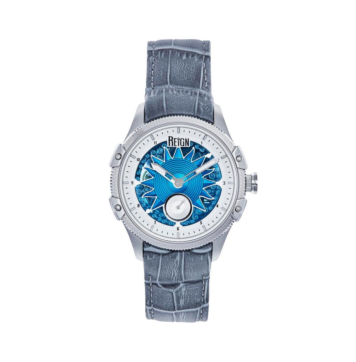 Reign Men Solstice Automatic Semi-Skeleton Leather Strap Watch - Gray/Blue - Gray/blue Product Image