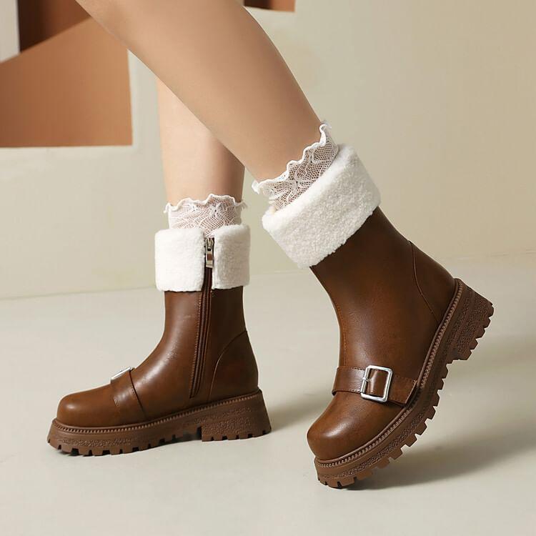 Buckled Fluffy Trim Platform Chunky Heel Short Boots Product Image