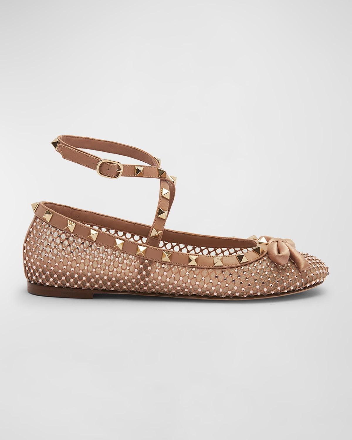 Womens Rockstud Mesh Ballerina Flats With Crystals Product Image