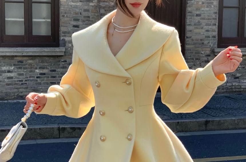 Shawl Collar Plain Midi Double Breasted Coat Product Image