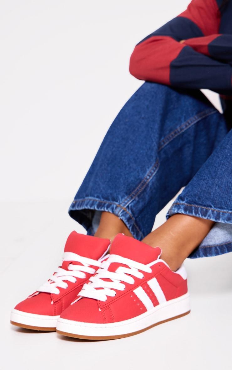 Red Faux Suede Stripe Chunky Lace Up Sneakers Product Image