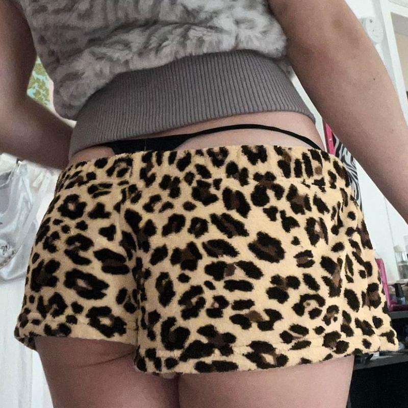 Low Waist Leopard Print Fleece Mini Shorts Product Image