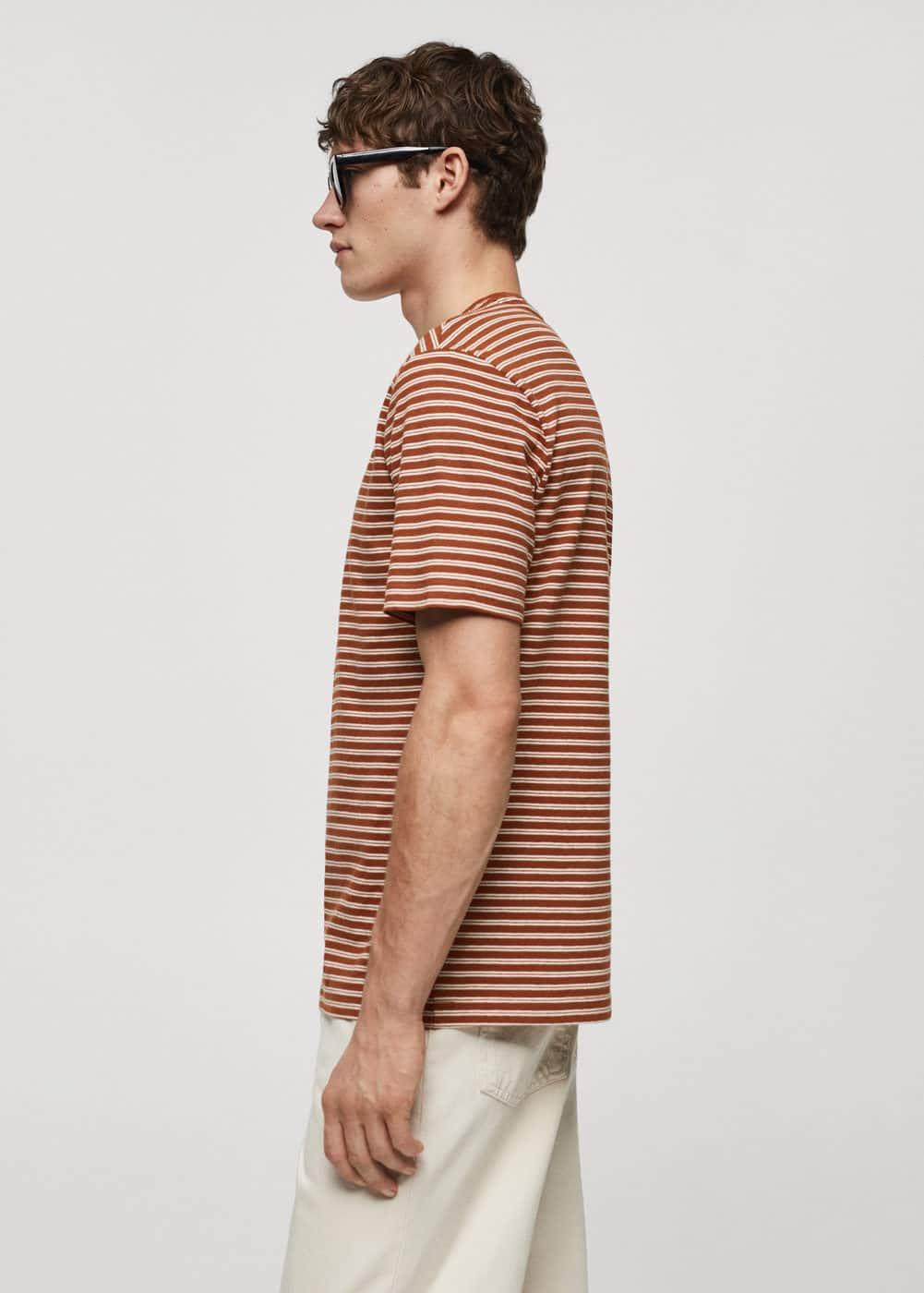 MANGO MAN - Striped cotton linen-blend T-shirt burnt orangeMen Product Image