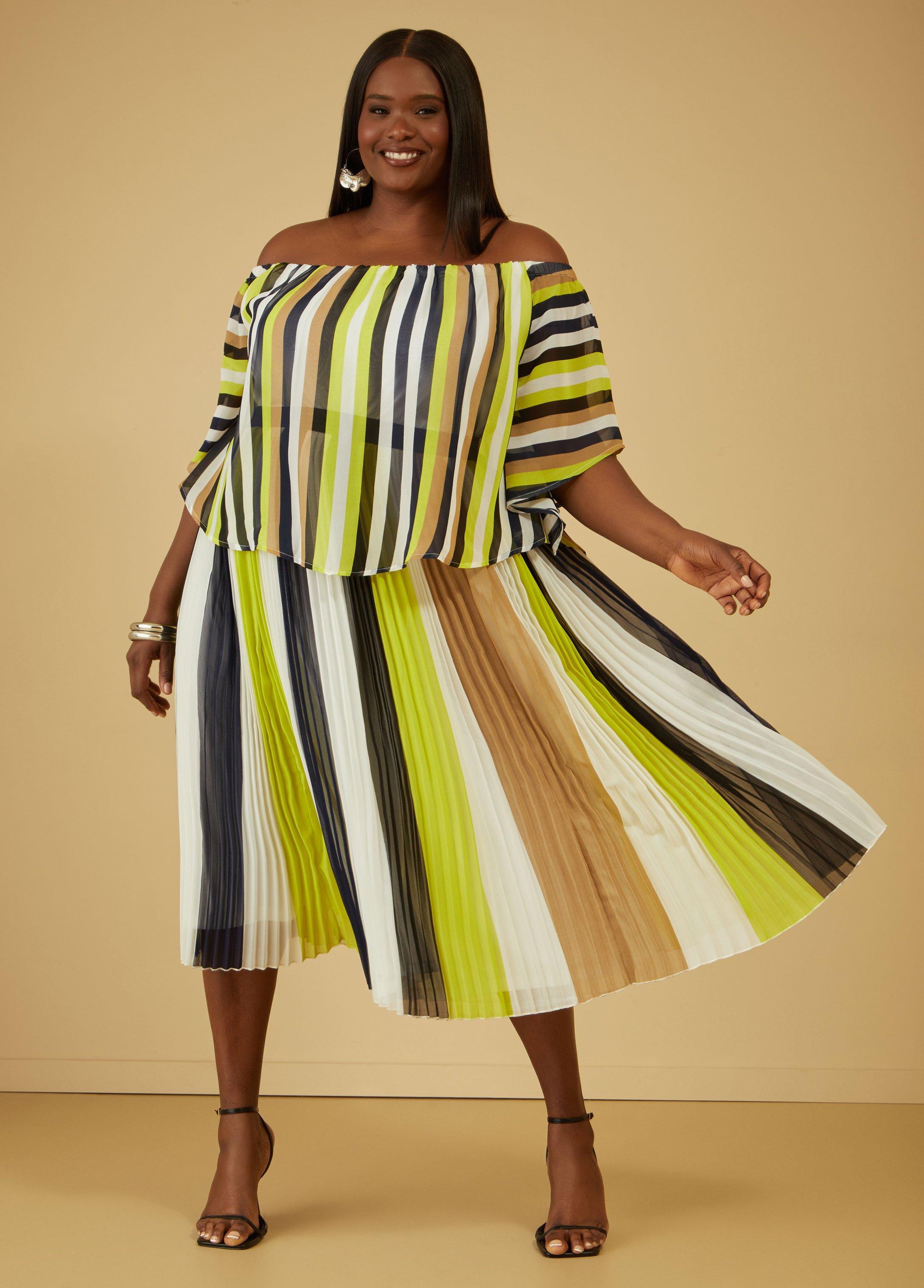 Plus Size Pleated Striped Midi Skirt Ashley Stewart Product Image