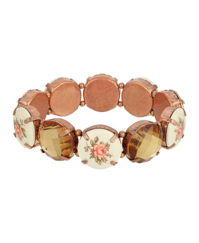 1928 Copper Tone Brown & Floral Round Stone Stretch Bracelet, Womens, Multi Product Image