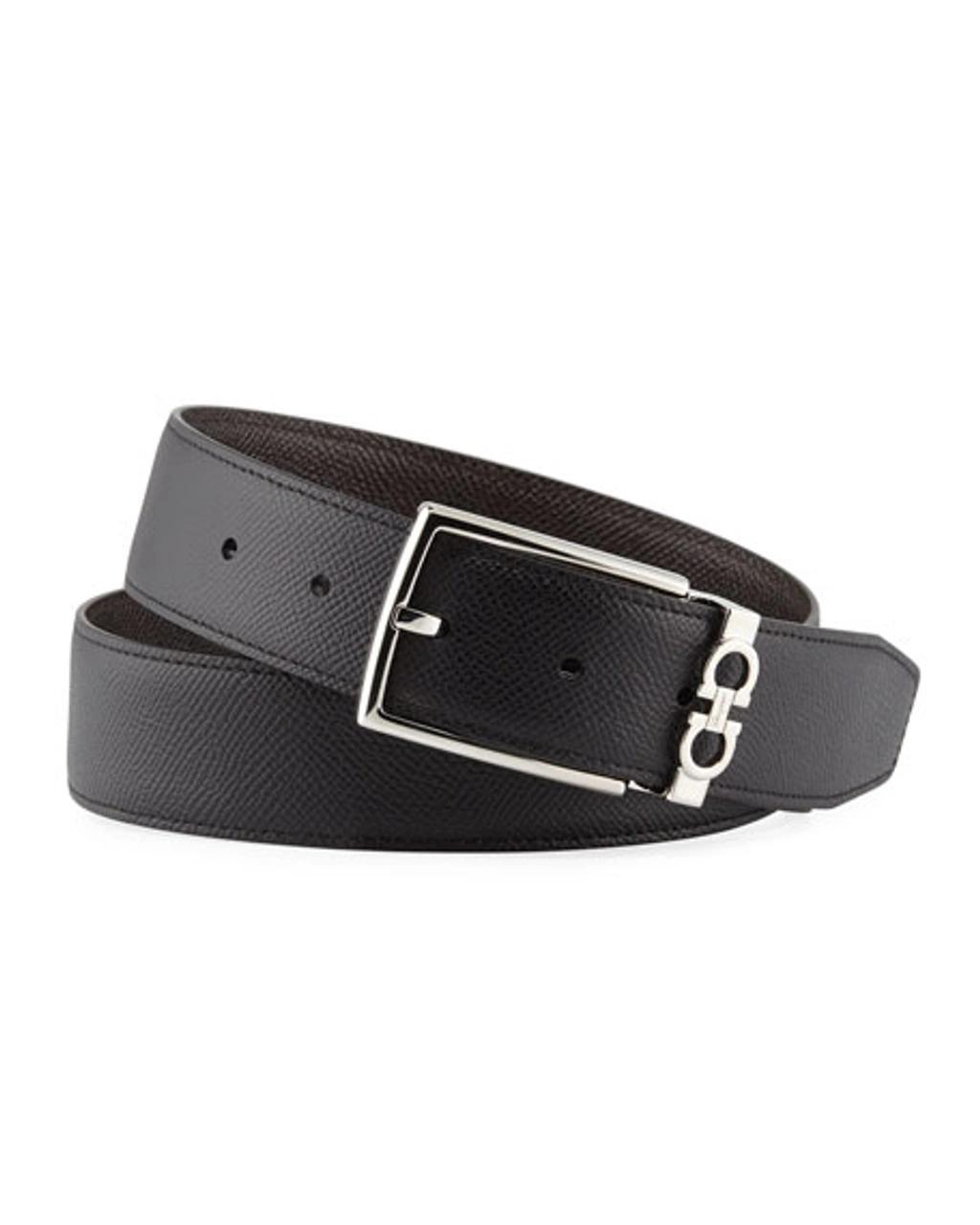 Men's Reversible Textured Leather Belt With Classic Buckle In Black/brown Product Image