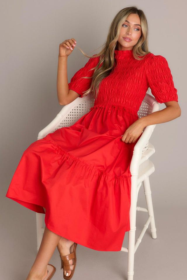 Scarlet Symphony Red Smocked Midi Dress Product Image