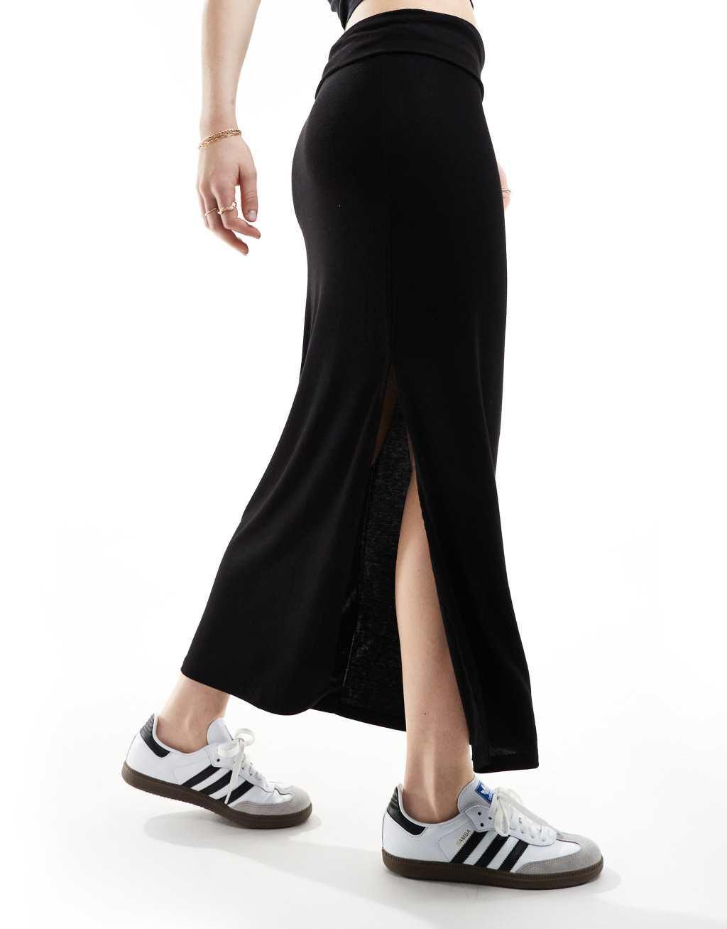 Stradivarius STR fold over waist midi skirt with side slit in black Product Image