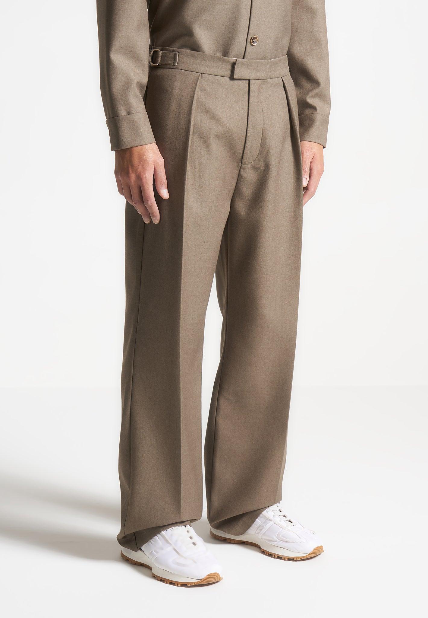 Relaxed Fit Hatched Pleated Tailored Trousers - Khaki Male Product Image