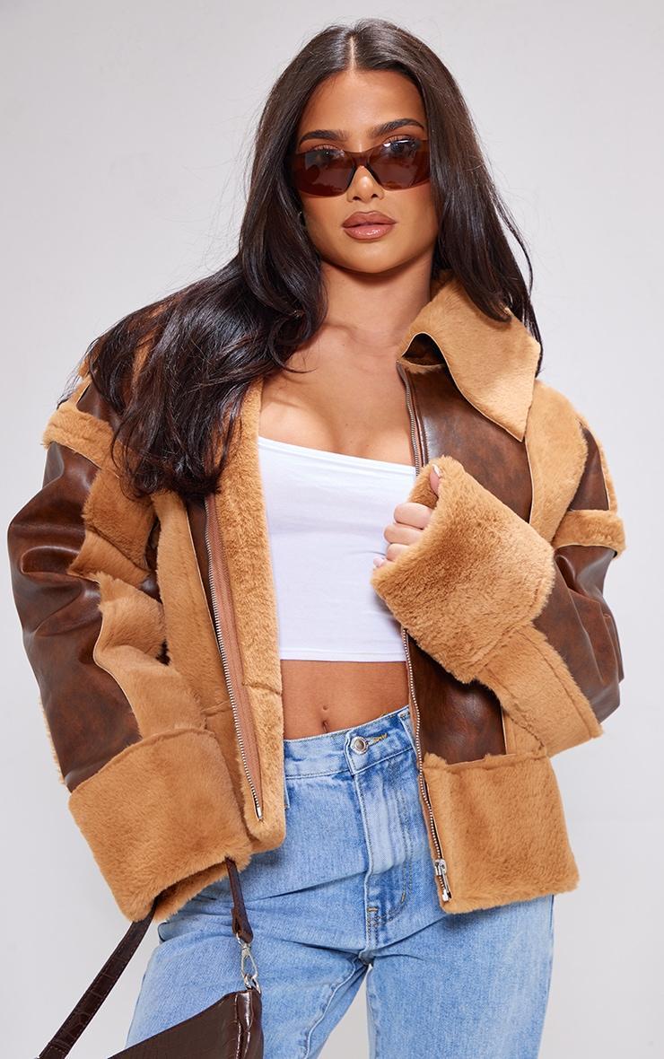 Petite Brown Distressed PU & Fur Contrast Jacket Product Image