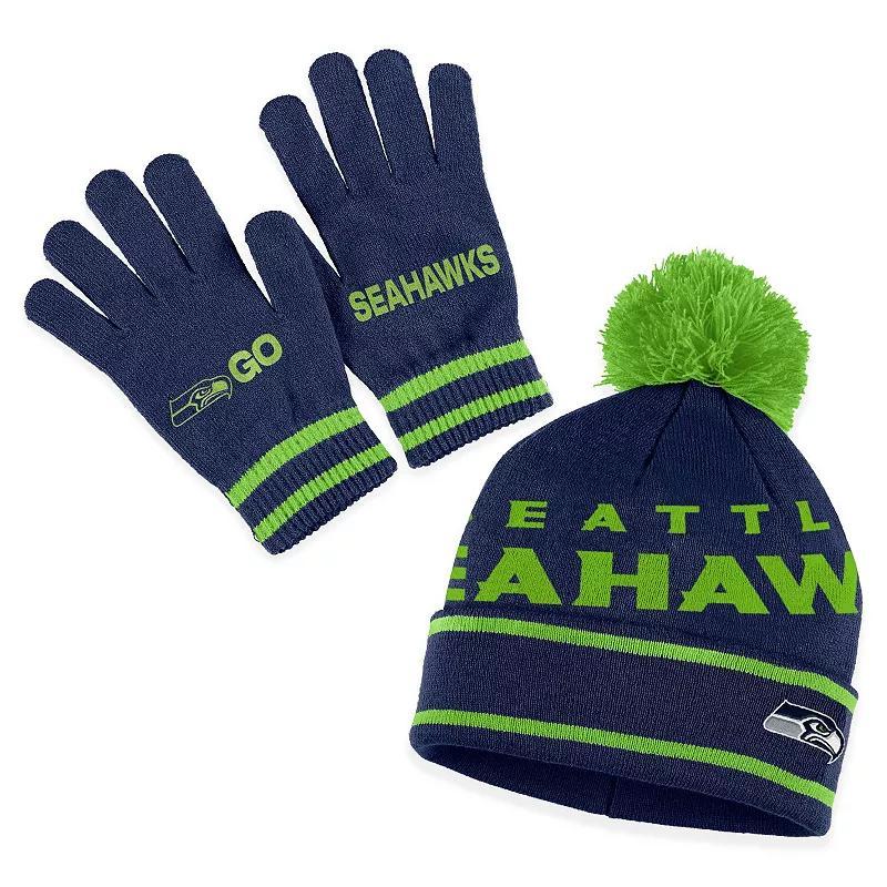 Womens WEAR by Erin Andrews College Seattle Seahawks Double Jacquard Cuffed Knit Hat with Pom and Gloves Set, Blue Product Image