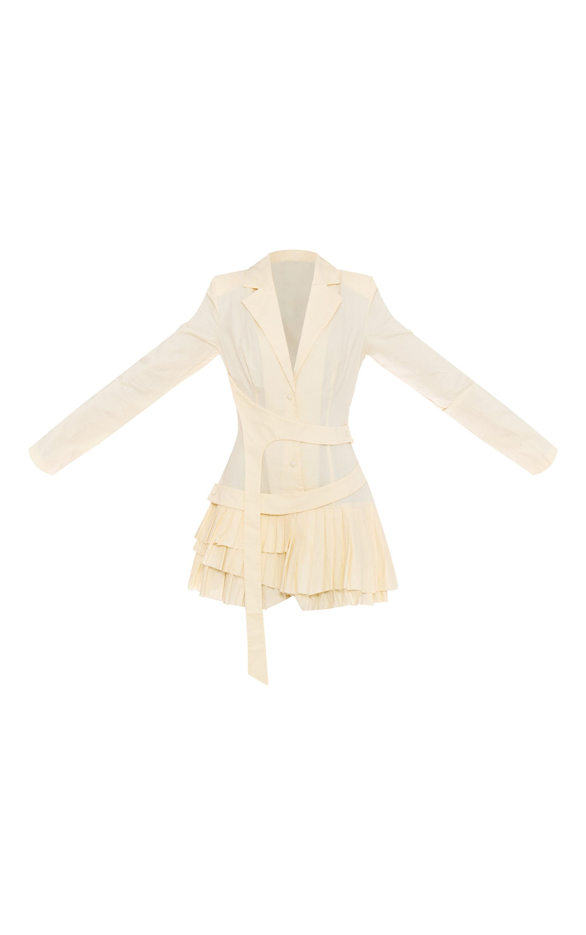 Butter Cream Tailored Woven Pleated Belt Blazer Dress Product Image