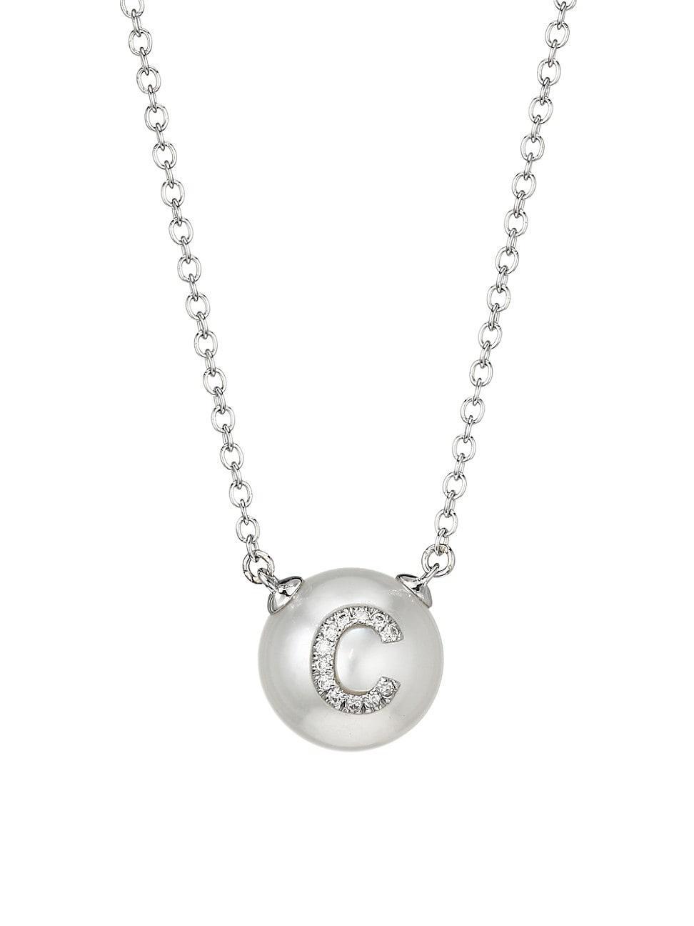 Womens Pearl ID 18K White Gold, 11.5-12MM Pearl & Diamond Pav Carved C Initial Necklace Product Image