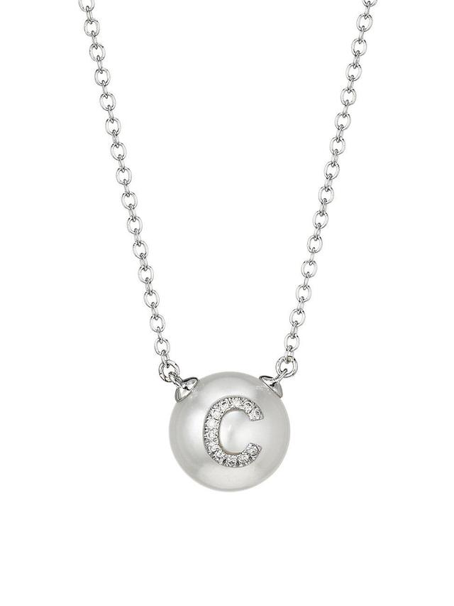 Womens Pearl ID 18K White Gold, 11.5-12MM Pearl & Diamond Pav Carved C Initial Necklace Product Image