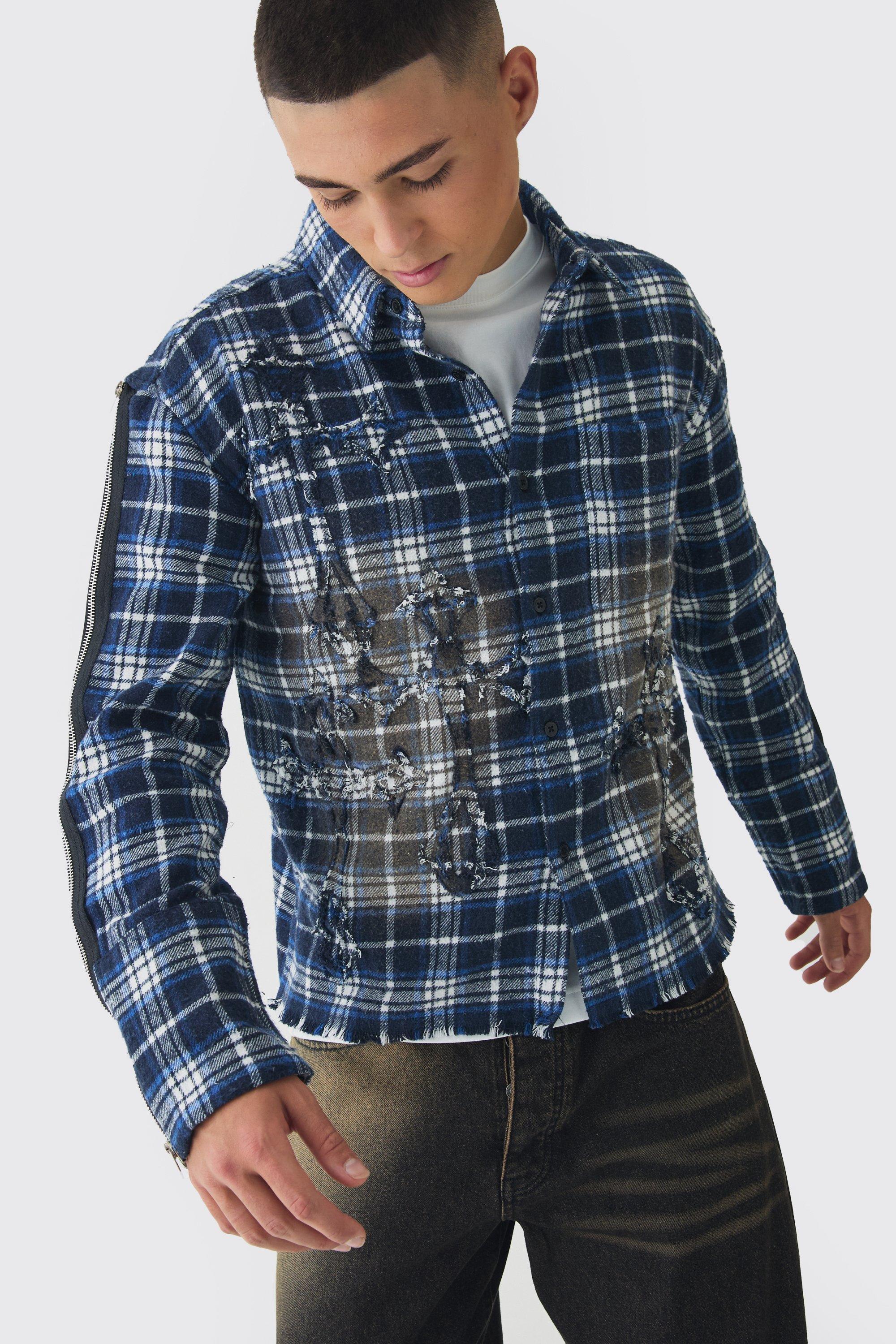 Mens Blue Oversized Boxy Cross Applique Check Shirt, Blue Product Image