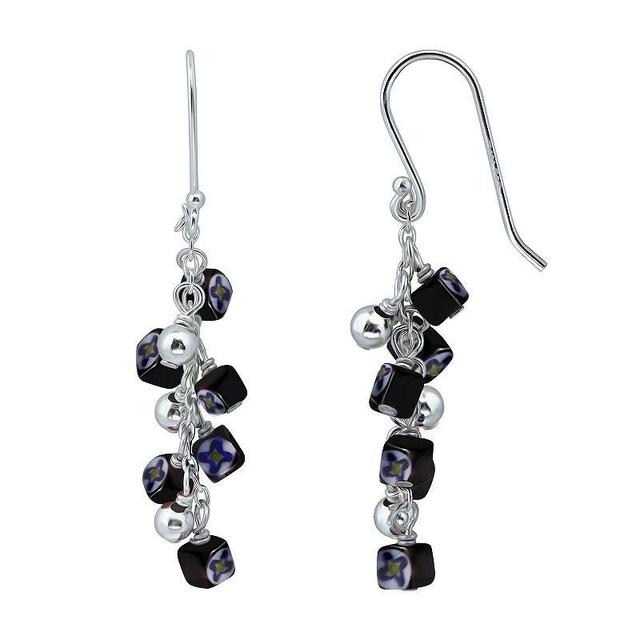 Aleure Precioso Sterling Silver Square Colored Glass Bead Drop Fishhook Earrings, Womens, Black Product Image