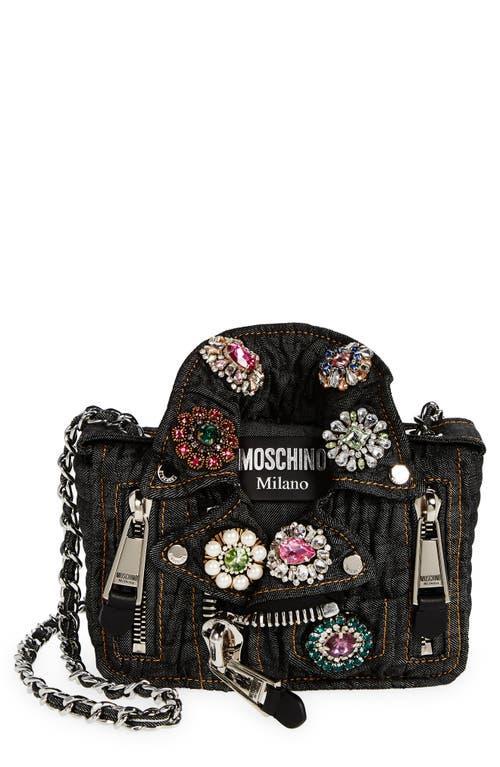 Moschino Biker Crystal Embellished Quilted Denim Crossbody Bag Product Image