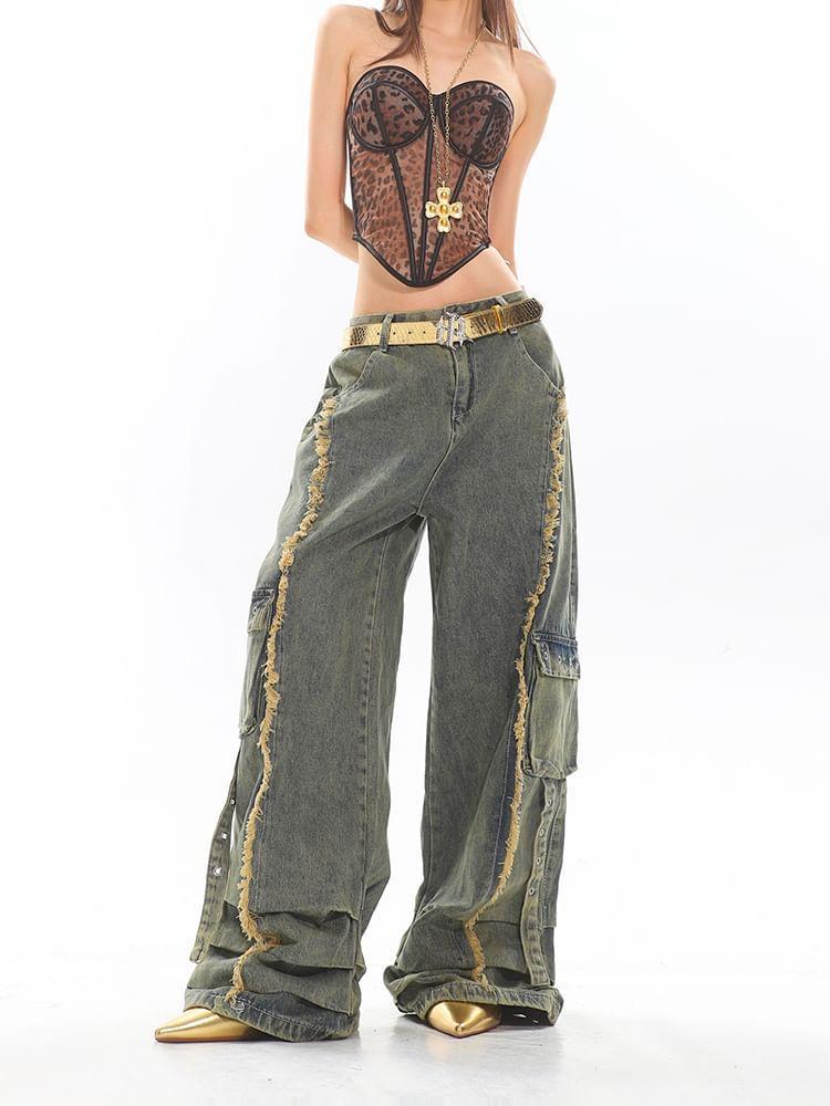 Low Rise Washed Fray Panel Wide Leg Cargo Jeans Product Image