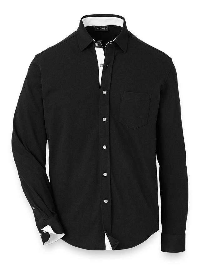 Cotton Blend Button Front Polo - Black Product Image