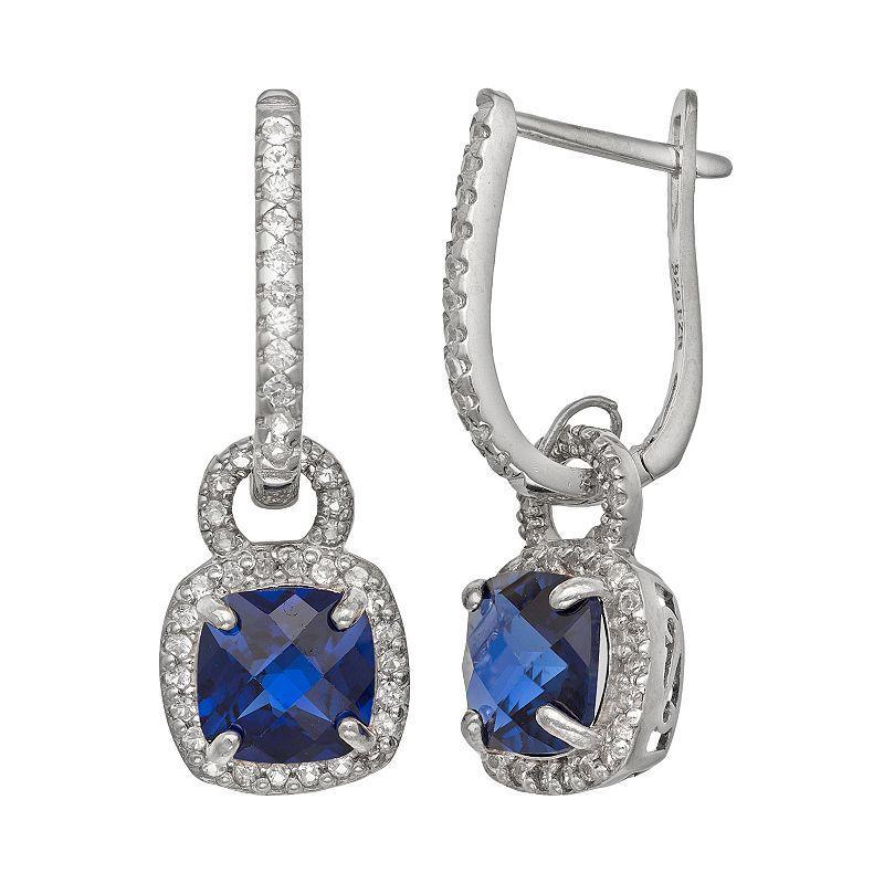 Sterling Silver Lab-Created Blue and White Sapphire Square Halo Drop Earrings, Womens Product Image